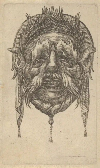 Mask with Long Eyebrows and Mustache and a Headdress with Dangling Cloth by Франсуа Шово, 1635–1645 — digital art print…