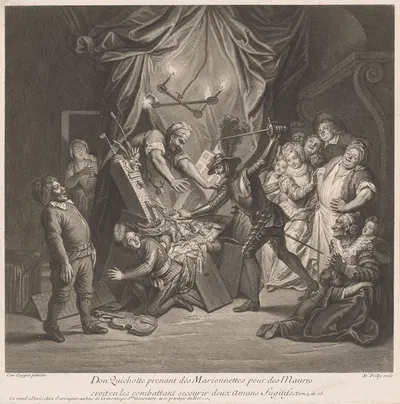 Don Quixote destroys a puppet theater by Франсуа де Пойи, 1723 — digital art print download