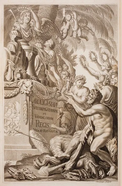 Title page with a bust of Carl Gustaf, king of Sweden, and a host of allegorical figures honouring him by Жан Буланже, 1696…