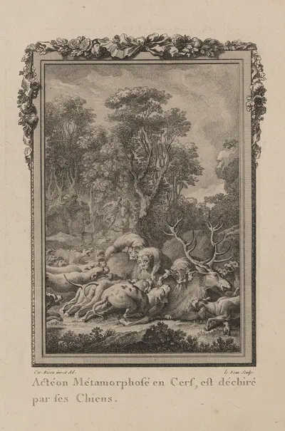 Acteon transforms into a stag, and is devoured by his dogs by Jean Jacques Le Veau, 1769 — digital art print download