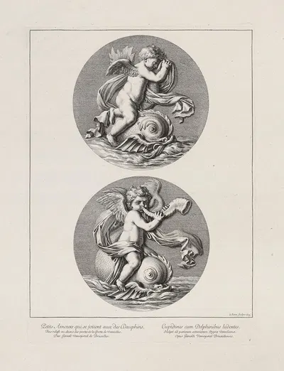 Little Cupids playing with dolphins by Жан Ле Потр, 1673 — digital art print download