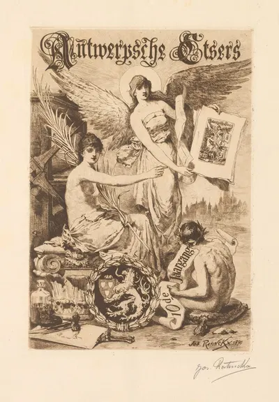 Allegorical figure with wings shows prints amid graphic attributes by Хос Ратинкс, 1890 — digital art print download