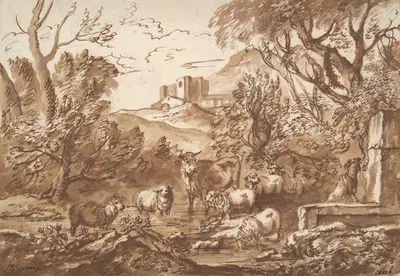 Cattle in a watering place near a fountain late by Михиел Карре — digital art print download