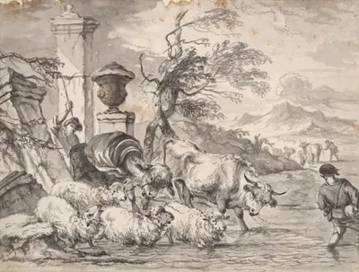 Cattle wasing through a flooded stream by Michiel Carree — digital art print download