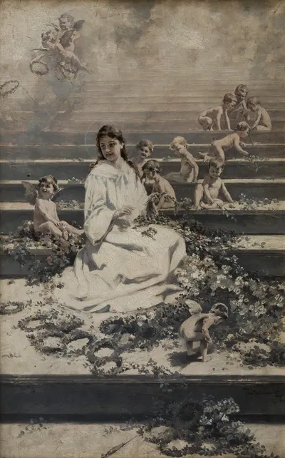 Wicie wianków (Matka Boska Zielna), 'Królowa Niebios. Legendy o Matce Boskiej' by Piotr Stachiewicz, 1894 — digital art…