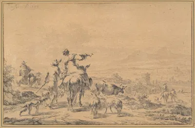 Herdsmen in an Italian Landscape by Nicolaes Pietersz. Berchem, 1654 — digital art print download