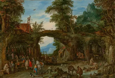 A mountainous wooded landscape with hermits and a mass being held at a shrine by Ян Брейгель Старший, 1619 — digital art…