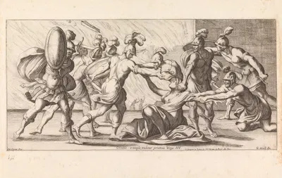 Cassandra drawn out of the temple (Crinibus à templo trahitur priamea Virgo) by Giuseppe Maria Mitelli, 1663 — digital art…