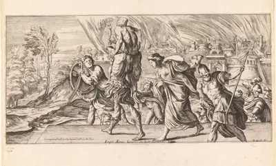 Aeneas fleeing Troy with his family (Eripit Aeneas humeris ex hoste Parentem) by Джузеппе Мария Мителли, 1663 — digital art…