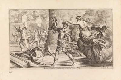 Aeneas meeting the ghost of Creusa (Aeneam alloquitur simulacrum et umbra creusae) by Джузеппе Мария Мителли, 1663 —…