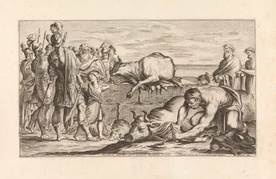 The troyan army offering a sacrifice to the Gods (Neptuno meritos aris indicit honores) by Джузеппе Мария Мителли, 1663 —…