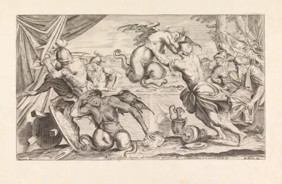 Aeneas and his army fighting the harpies (Arpijae celebri lapsu de montibus adsunt) by Джузеппе Мария Мителли, 1663 —…