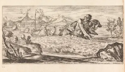 Polyphemus threatening Aeneas's fleet (Hic Polyphemus adest horrens, graditurq per aequor) by Джузеппе Мария Мителли, 1663…