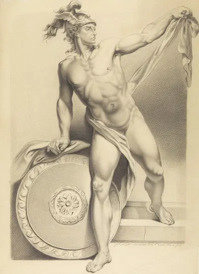 Mythologische figuur met schild en gevleugelde helm by Jean Laurensius, 1827 — digital art print download
