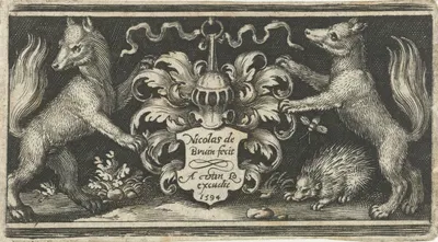 Coat of arms with helmet held by two foxes by Nicolaes de Bruyn, 1594 — digital art print download