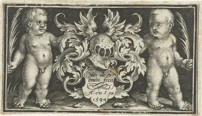 Coat of arms with helmet held by two putti by Nicolaes de Bruyn, 1594 — digital art print download