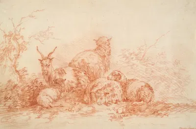 Sheep and Goat Resting by Симон ван дер Дос — digital art print download