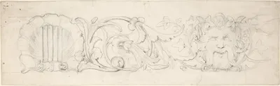 Design for Ornamental Frieze with Shell, Foliage and Satyr's Head by William Pitts — digital art print download