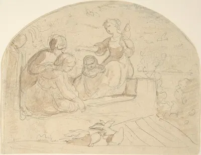 Three Women and a Child on a Roof by Адриан Людвиг Рихтер — digital art print download