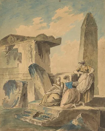 Three Young Girls by Ruins by Последователь Юбера Робера — digital art print download