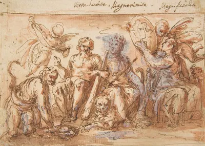 Allegorical Figures; Force, Hercules Strangling the Hydra, Plenty, and Fame by Bernardino Rodriguez, 1600–1650 — digital…