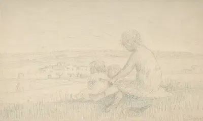 Children Seated on a Hillside with a Racquet by Charles-Emmanuel Serret — digital art print download