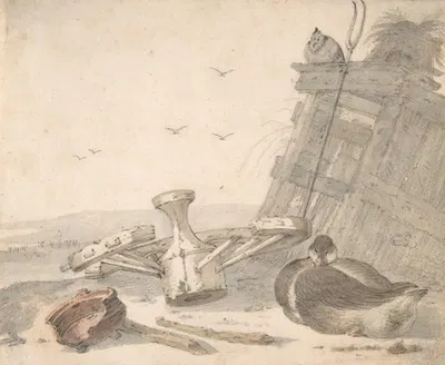 A Duck Sleeping near a Broken Wheel in a Farmyard, a Chicken beyond by Cornelis Saftleven — digital art print download