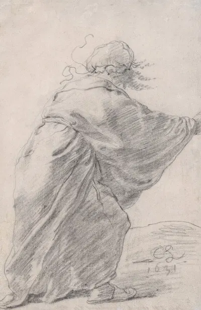 A wild-haired, robed woman rushing to the right, seen from behind by Cornelis Saftleven, 1631 — digital art print download