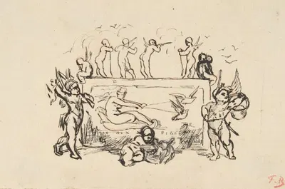 Putti grouped around a rectangular panel by Félicien Rops — digital art print download