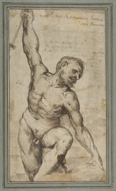 Nude Male Figure with Upraised Right Arm by Джироламо Романино — digital art print download
