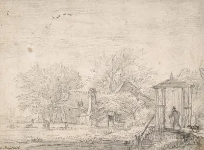 House among Trees, at Right Man and Dog on a Footbridge by Якоб ван Руйсдал — digital art print download