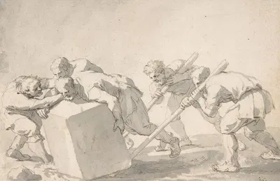 Five Men Pushing a Block of Stone by Жак Стелла — digital art print download
