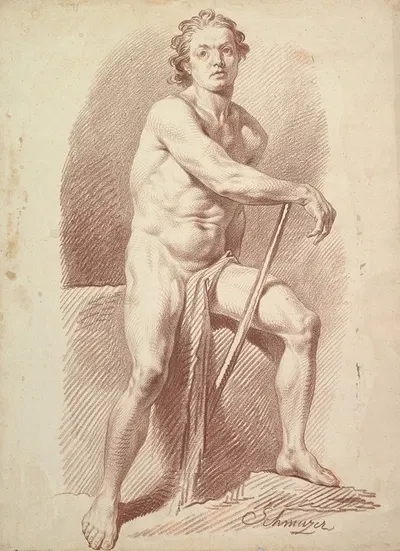 Seated Male Nude Resting on a Stick 1765–1810 by Якоб Маттиас Шмутцер — digital art print download