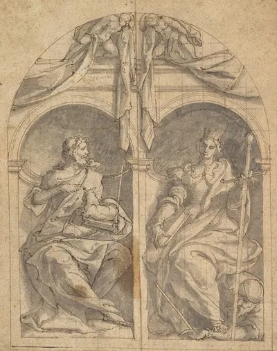 Two Wings of an Altarpiece depicting Saints John the Baptist and Catherine in Niches Surmounted by Angels by Ян ван Скорел…