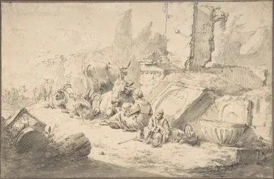 Pastoral Landscape with Roman Ruins by Иоганн Генрих Роос — digital art print download