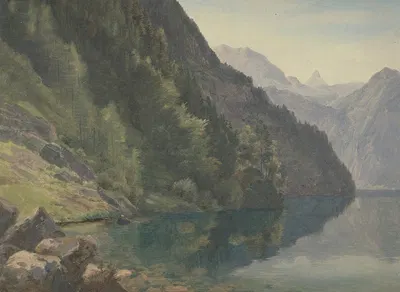 Wooded Shore at the King Lake (Königsee) by Иоганн Генрих Шильбах — digital art print download