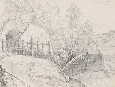 A House near a Grotto and a Roadside Chapel at Lake Nemi, with a View of Genzano from the North by Иоганн Мартин фон Рохден…