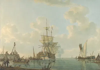 A Man O'War Lying at Anchor by Иоганнес Кристиаан Шотель — digital art print download