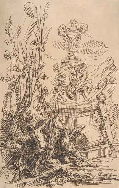 Three Men in a Landscape near Sculptures by Мартин Иоганн Шмидт — digital art print download