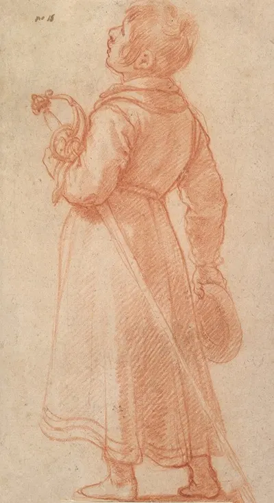 A Young Boy Seen from Behind, holding a sword and cap by Matteo Rosselli — digital art print download