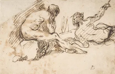 Two Nude Male Figures, One Seated and One Reclining 1609-1675 by Доменико Гаргьюло — digital art print download