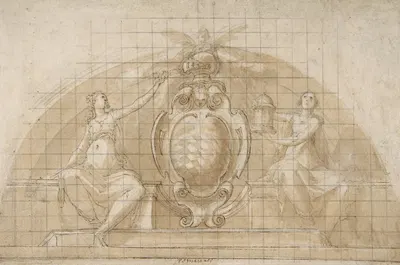 Design for a Lunette Decoration; Coat of Arms Flanked by Seated Allegorical Figures by Cristoforo Roncalli, 1553–1626 —…