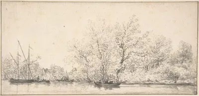 River Scene with Boats before a densely Wooded Bank by Саломон ван Руйсдал — digital art print download