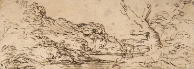 Landscape with hills and a lake, trees in right foreground by Сальватор Роза — digital art print download
