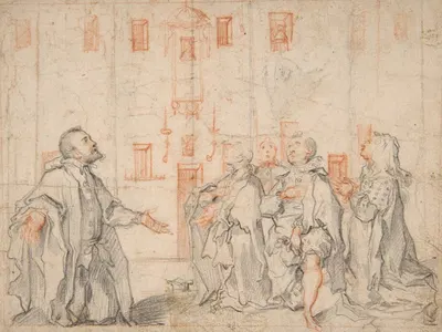 Family Group Kneeling Before a Street Shrine by Ventura Salimbeni — digital art print download