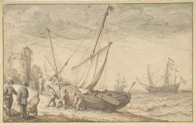 Fisherfolk Hauling their Boat onto the Shore by Адам Виллаертс — digital art print download