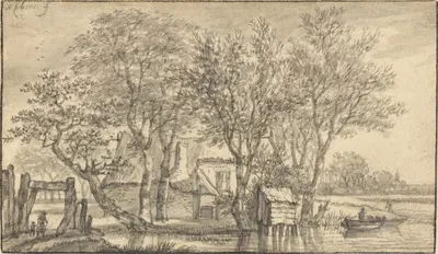 A Cottage Hidden Among Trees on a Riverbank by Адриан Хендрикс. Вербум, 1658–1663 — digital art print download