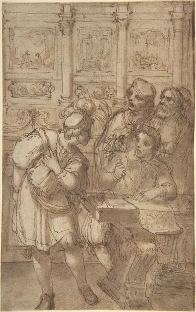 Architect in His Study Holding a Compass and Conversing with Three Men by Аготтино Тасси — digital art print download