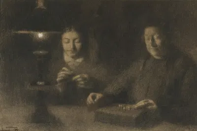 The Mother and Wife of the Artist Sewing by Lamplight (La mère et la femme de l'artiste cousant à la lumière d'une lampe)…
