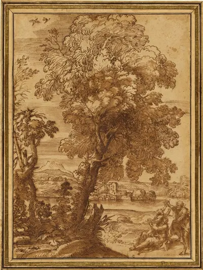 Landscape with the Holy Family (Rest on the Flight into Egypt) by Alessandro Algardi, 1650 — digital art print download